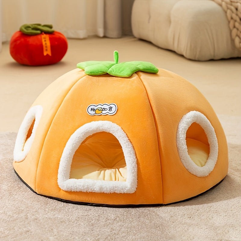 [1pc Cozy Cat Bed] 1pc Warm, Soft Plush Cozy Persimmon-Shaped Cat Bed with Multi-Hole Tunnel | Non-Slip Bottom, Orange Design with Green Leaves, Perfect for Multi-Cat Families, Cute Cat Bed