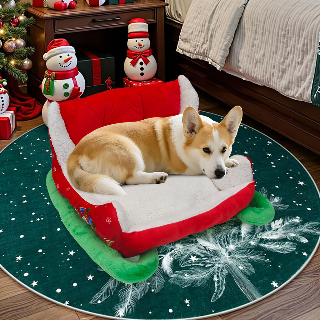Heated Christmas Sleigh Pet Bed with Removable Washable Cover - All-Season Thickened Dog Bed with Plush Filling, Red & Green Festive Design with White Fur Trim, Sturdy Frame & Green Legs - Ideal for Large/Small/X-Small Dogs, Cat & Dog House, Cozy Winter