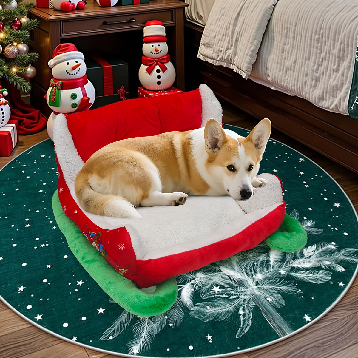 Heated Christmas Sleigh Pet Bed with Removable Washable Cover - All-Season Thickened Dog Bed with Plush Filling, Red & Green Festive Design with White Fur Trim, Sturdy Frame & Green Legs - Ideal for Large/Small/X-Small Dogs, Cat & Dog House, Cozy Winter