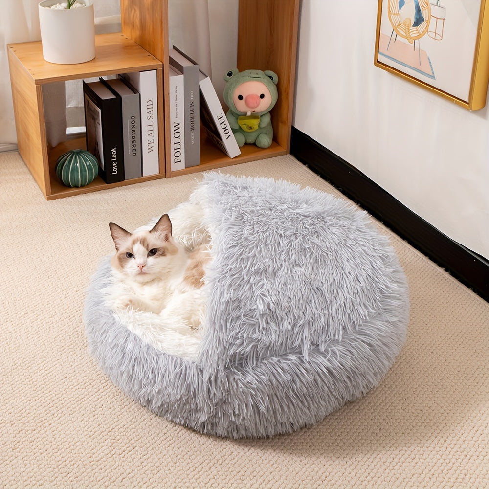 1pc Classic Plush Shell Cat Bed with Hood - Cozy Half-Enclosed Pet Nest for Cats and Small Dogs, Warm Comfortable Polyester Fiber Material, Non-Electric, Easy Assembly