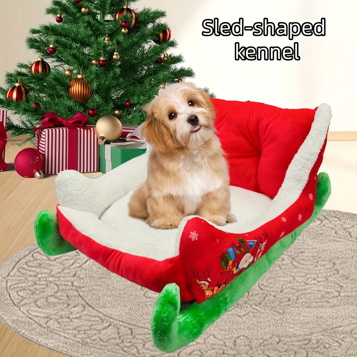 Heated Christmas Sleigh Pet Bed with Removable Washable Cover - All-Season Thickened Dog Bed with Plush Filling, Red & Green Festive Design with White Fur Trim, Sturdy Frame & Green Legs - Ideal for Large/Small/X-Small Dogs, Cat & Dog House, Cozy Winter