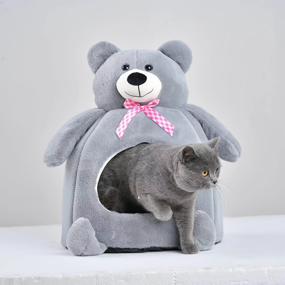 Cozy Portable Pet Bed for Cats & Small Dogs - Warm, Semi-Enclosed Nest with Cute Bear Design, Polyester, Contemporary Style