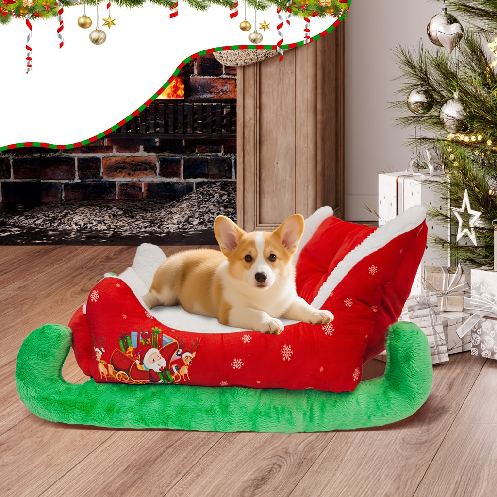 Heated Christmas Sleigh Pet Bed with Removable Washable Cover - All-Season Thickened Dog Bed with Plush Filling, Red & Green Festive Design with White Fur Trim, Sturdy Frame & Green Legs - Ideal for Large/Small/X-Small Dogs, Cat & Dog House, Cozy Winter