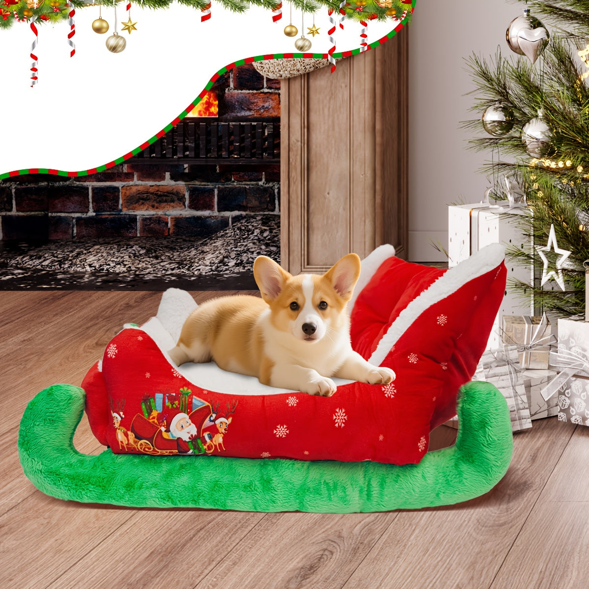 Heated Christmas Sleigh Pet Bed with Removable Washable Cover - All-Season Thickened Dog Bed with Plush Filling, Red & Green Festive Design with White Fur Trim, Sturdy Frame & Green Legs - Ideal for Large/Small/X-Small Dogs, Cat & Dog House, Cozy Winter