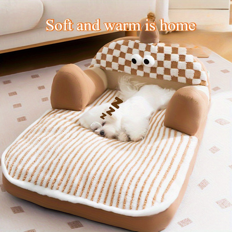 Cozy Big-Eyed Monster Pet Sofa Bed for Small to Medium Dogs and Cats – Soft, Warm, All-Season Plush Nest with Checkered Pattern and Adorable Eyes Design, Beige/Brown Polyester Fabric, Pet Sleeping Sofa | Playful Design | Plush Fabric Bed