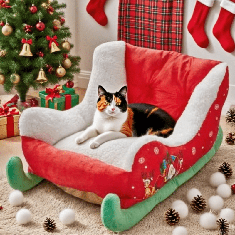 Christmas Sled Cat Bed - Removable Washable Pet Bed with Soft Plush Lining, Durable Polyester Winter Warmth for Cats & Small Dogs, Holiday Decorative Design with Santa Hat & Festive Patterns, Cozy Indoor/Outdoor Use, Cat Bed for Indoor Cats, Indoor Pet