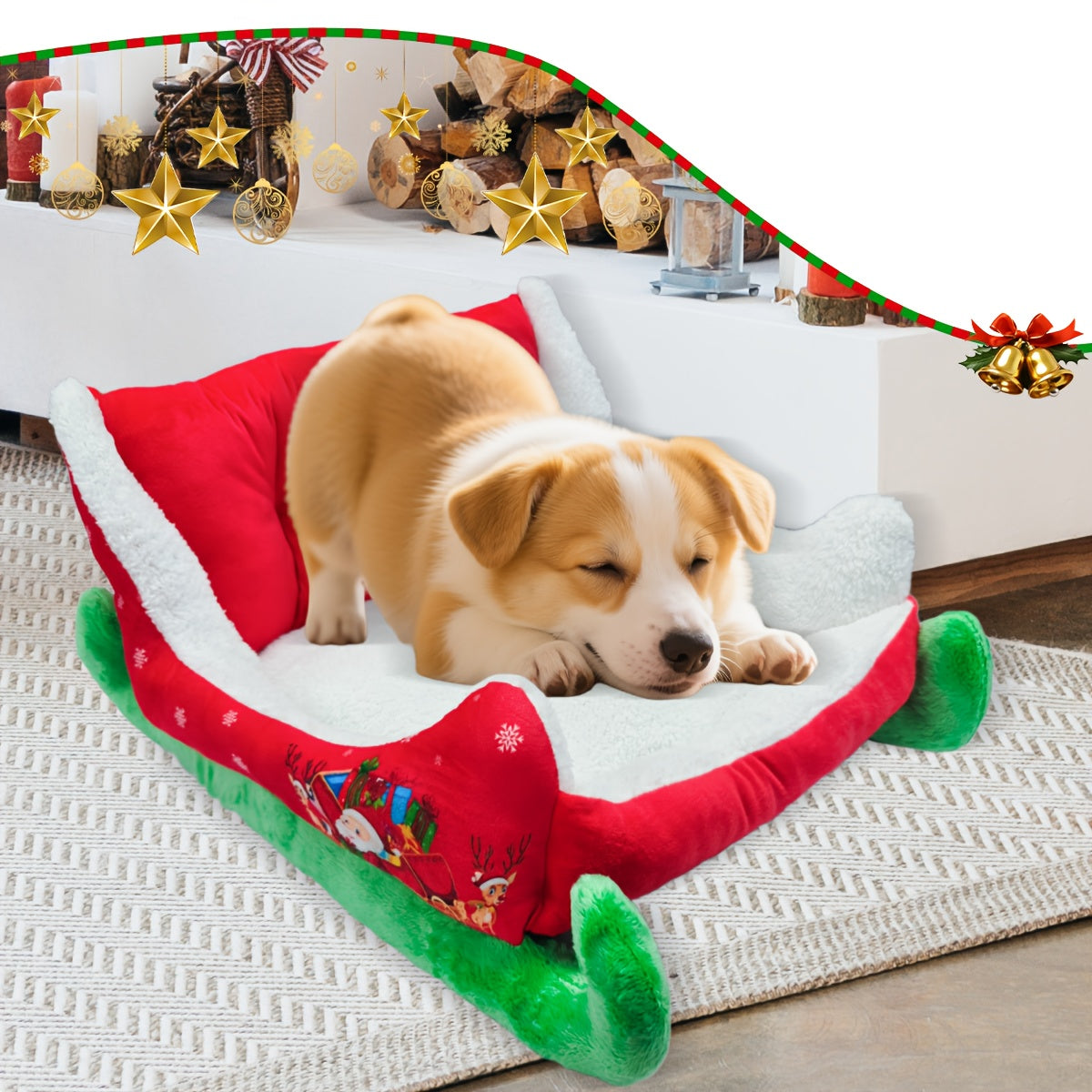 Heated Christmas Sleigh Pet Bed with Removable Washable Cover - All-Season Thickened Dog Bed with Plush Filling, Red & Green Festive Design with White Fur Trim, Sturdy Frame & Green Legs - Ideal for Large/Small/X-Small Dogs, Cat & Dog House, Cozy Winter