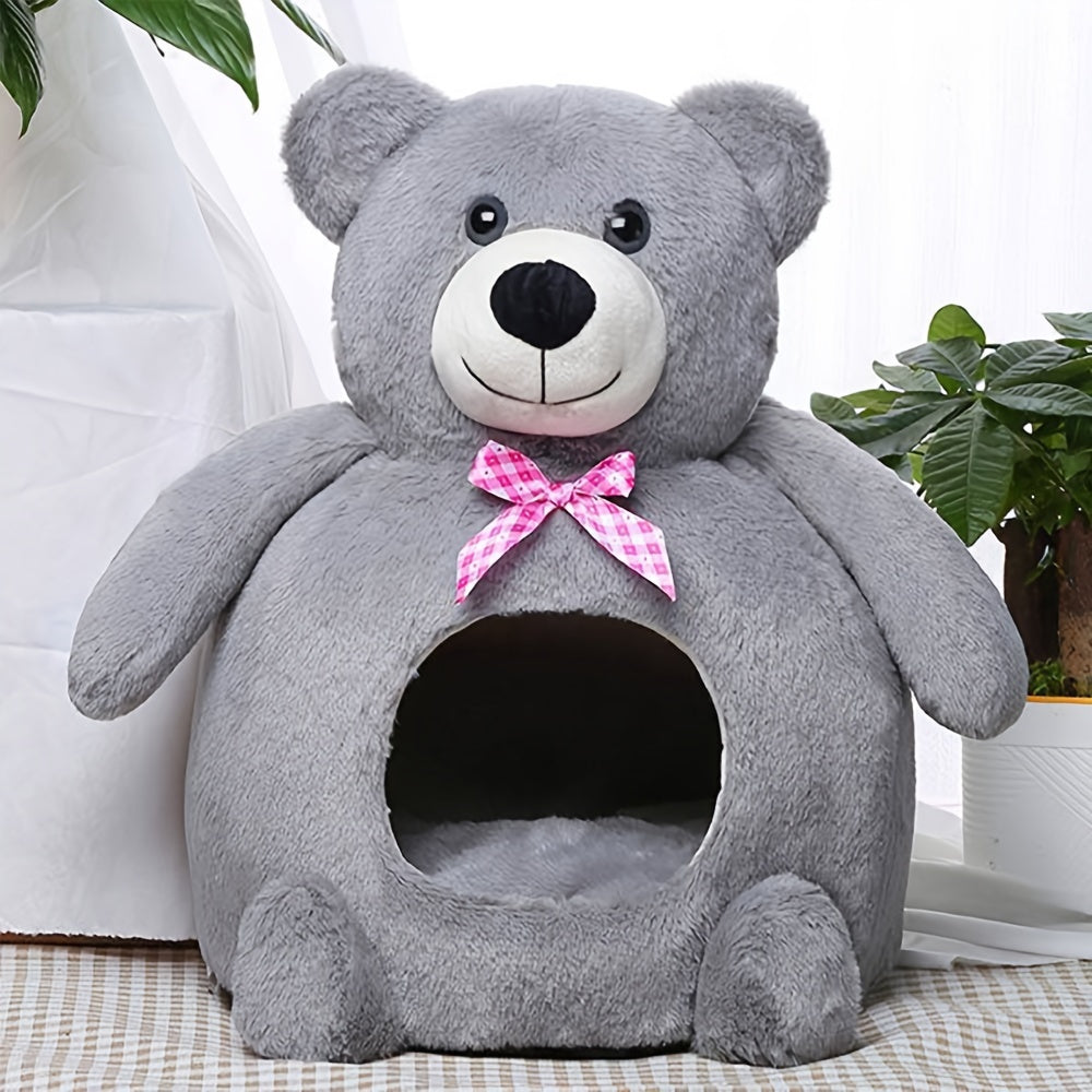 Cozy Portable Pet Bed for Cats & Small Dogs - Warm, Semi-Enclosed Nest with Cute Bear Design, Polyester, Contemporary Style