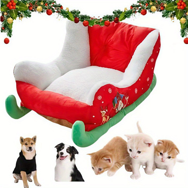 Christmas Sled Cat Bed - Removable Washable Pet Bed with Soft Plush Lining, Durable Polyester Winter Warmth for Cats & Small Dogs, Holiday Decorative Design with Santa Hat & Festive Patterns, Cozy Indoor/Outdoor Use, Cat Bed for Indoor Cats, Indoor Pet