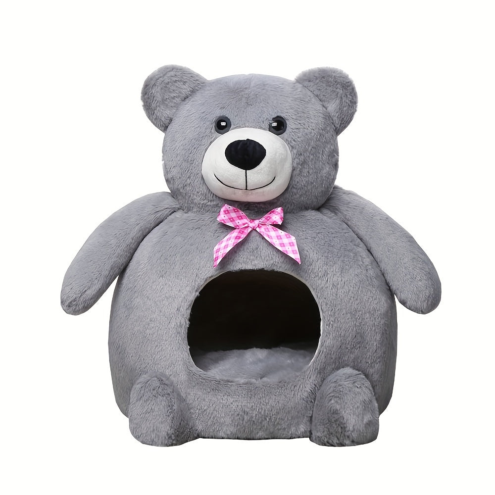 Cozy Portable Pet Bed for Cats & Small Dogs - Warm, Semi-Enclosed Nest with Cute Bear Design, Polyester, Contemporary Style