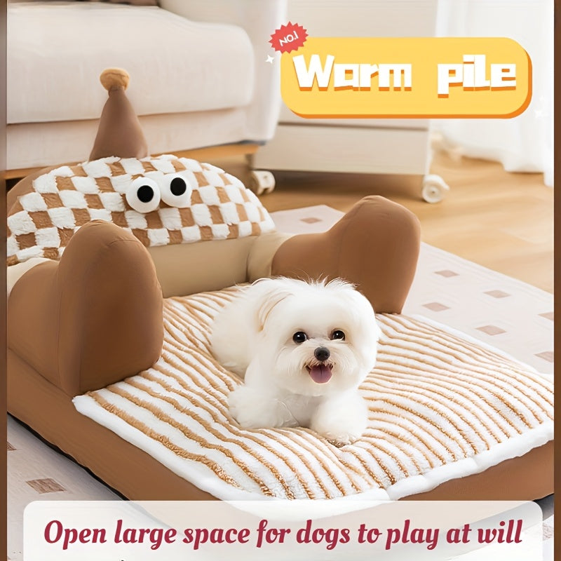 Cozy Big-Eyed Monster Pet Sofa Bed for Small to Medium Dogs and Cats – Soft, Warm, All-Season Plush Nest with Checkered Pattern and Adorable Eyes Design, Beige/Brown Polyester Fabric, Pet Sleeping Sofa | Playful Design | Plush Fabric Bed