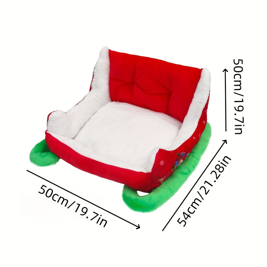 Heated Christmas Sleigh Pet Bed with Removable Washable Cover - All-Season Thickened Dog Bed with Plush Filling, Red & Green Festive Design with White Fur Trim, Sturdy Frame & Green Legs - Ideal for Large/Small/X-Small Dogs, Cat & Dog House, Cozy Winter
