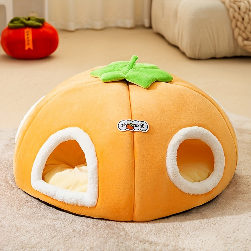 [1pc Cozy Cat Bed] 1pc Warm, Soft Plush Cozy Persimmon-Shaped Cat Bed with Multi-Hole Tunnel | Non-Slip Bottom, Orange Design with Green Leaves, Perfect for Multi-Cat Families, Cute Cat Bed