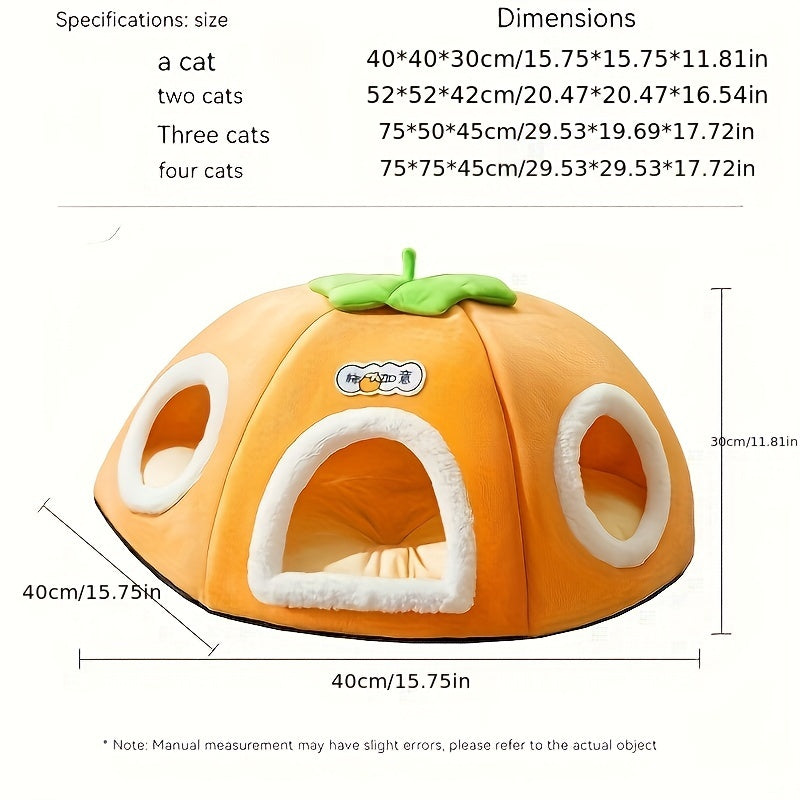 [1pc Cozy Cat Bed] 1pc Warm, Soft Plush Cozy Persimmon-Shaped Cat Bed with Multi-Hole Tunnel | Non-Slip Bottom, Orange Design with Green Leaves, Perfect for Multi-Cat Families, Cute Cat Bed