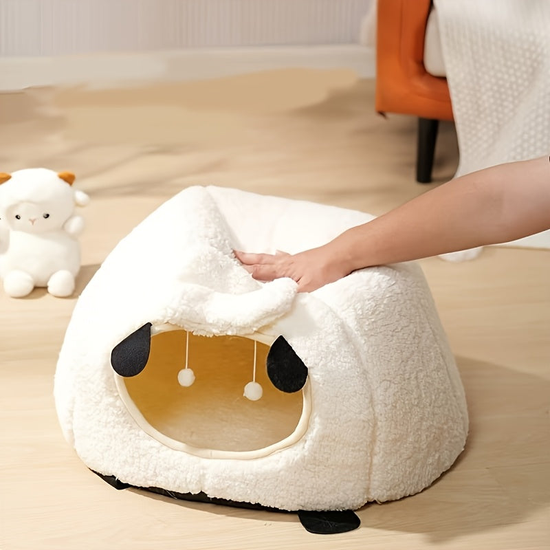 1pc Winter Sheep Nest Series Closed Cat Nest - Soft Polyester, Warm Thickened Pet Bed with Detachable Cover, Round Design for Cats and Dogs, Pet Supplies|Cozy Pet Bed|Detachable Cover Nest