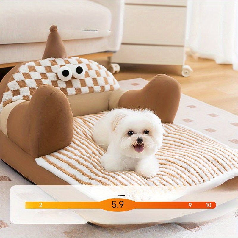 Cozy Big-Eyed Monster Pet Sofa Bed for Small to Medium Dogs and Cats – Soft, Warm, All-Season Plush Nest with Checkered Pattern and Adorable Eyes Design, Beige/Brown Polyester Fabric, Pet Sleeping Sofa | Playful Design | Plush Fabric Bed