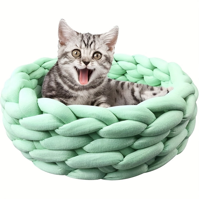 1pc Lucky Monet Cat Cave Bed, Knitted Round Pet Bed, Cute Bohemian Style Warm Woven Nest, Suitable for Puppies and Cats