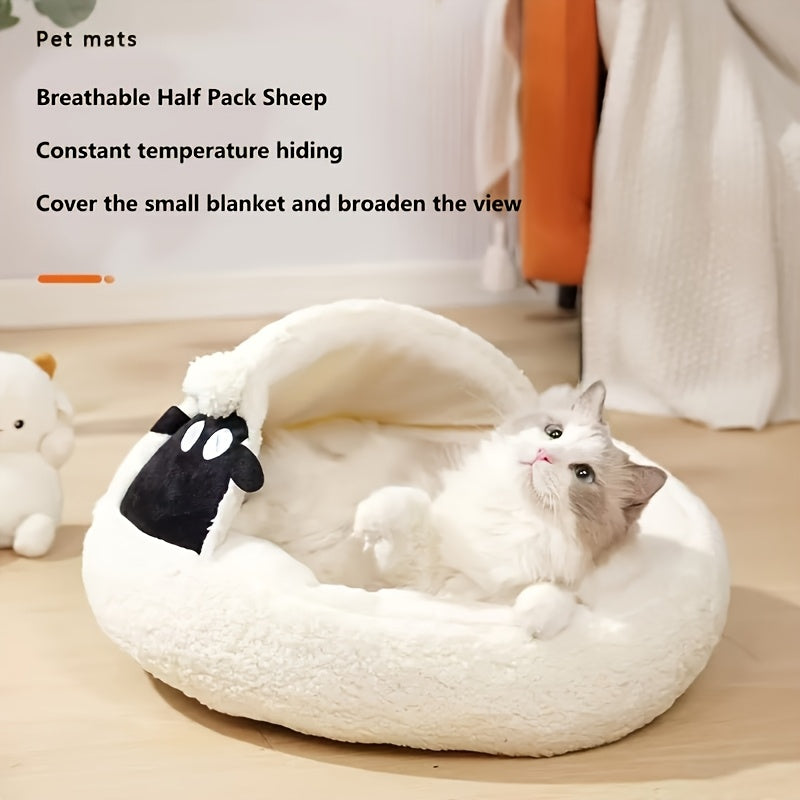 1pc Winter Sheep Nest Series Closed Cat Nest - Soft Polyester, Warm Thickened Pet Bed with Detachable Cover, Round Design for Cats and Dogs, Pet Supplies|Cozy Pet Bed|Detachable Cover Nest