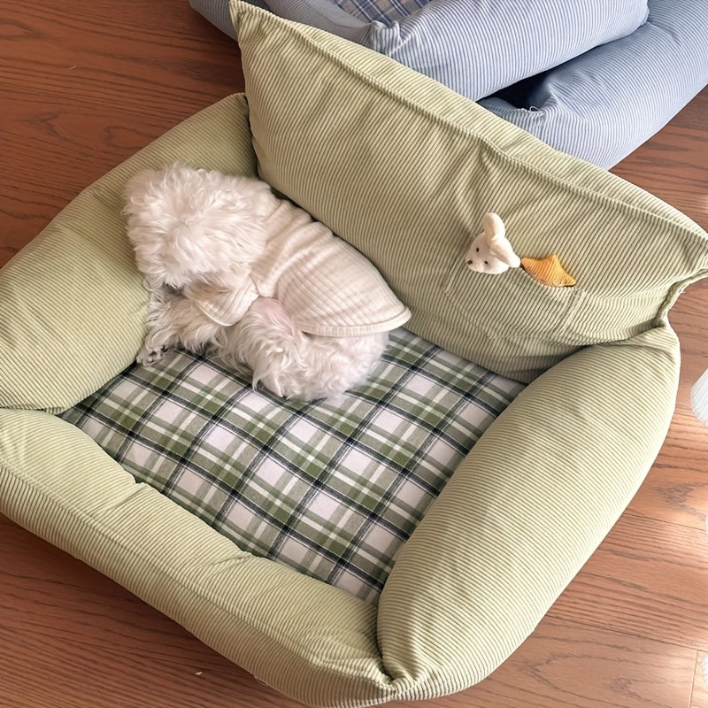 All-Season Removable & Washable Cat Bed - Durable Chew-Resistant Pet Bed with Plush Green Exterior & Checkered White/Peach Interior, Soft Comfortable Cat Pad for Indoor Cats, Cozy Design, Highquality Fabric, Home Pets
