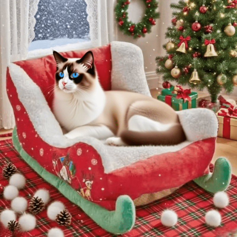 Christmas Sled Cat Bed - Removable Washable Pet Bed with Soft Plush Lining, Durable Polyester Winter Warmth for Cats & Small Dogs, Holiday Decorative Design with Santa Hat & Festive Patterns, Cozy Indoor/Outdoor Use, Cat Bed for Indoor Cats, Indoor Pet