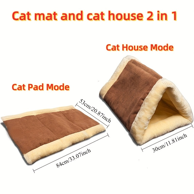 2-in-1 Foldable Cat Mat & House - Soft Polyester Tunnel Bed with Plush Fleece Lining, Portable Warm Nest for Indoor Cats, Cozy Multifunctional Pet Bed & Shelter, Durable Fabric, Small Space Pets