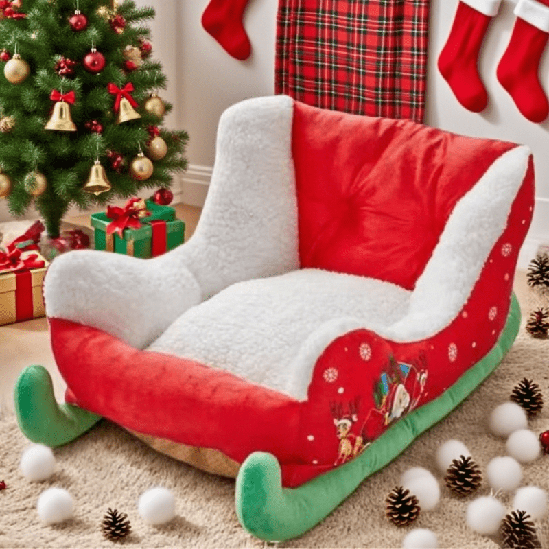 Christmas Sled Cat Bed - Removable Washable Pet Bed with Soft Plush Lining, Durable Polyester Winter Warmth for Cats & Small Dogs, Holiday Decorative Design with Santa Hat & Festive Patterns, Cozy Indoor/Outdoor Use, Cat Bed for Indoor Cats, Indoor Pet