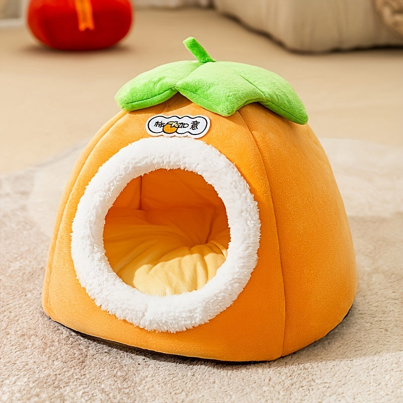 [1pc Cozy Cat Bed] 1pc Warm, Soft Plush Cozy Persimmon-Shaped Cat Bed with Multi-Hole Tunnel | Non-Slip Bottom, Orange Design with Green Leaves, Perfect for Multi-Cat Families, Cute Cat Bed