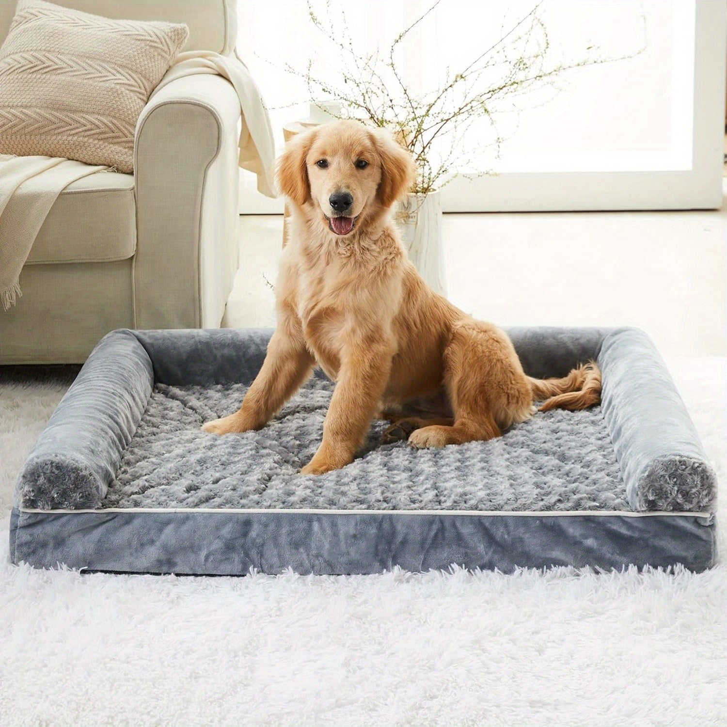 [Luxury Dog Bed] Luxury Rose Velvet Dog Bed/Cat Bed | Three-Sided Protection Cervical Design, Breathable and Refreshing for All Seasons, Durable Soft Long Plush