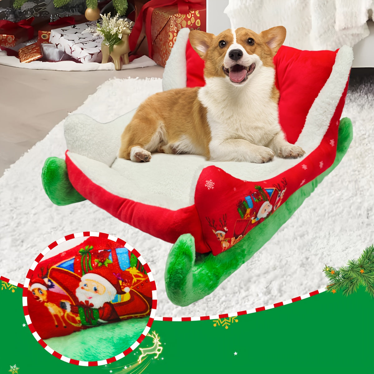 Heated Christmas Sleigh Pet Bed with Removable Washable Cover - All-Season Thickened Dog Bed with Plush Filling, Red & Green Festive Design with White Fur Trim, Sturdy Frame & Green Legs - Ideal for Large/Small/X-Small Dogs, Cat & Dog House, Cozy Winter