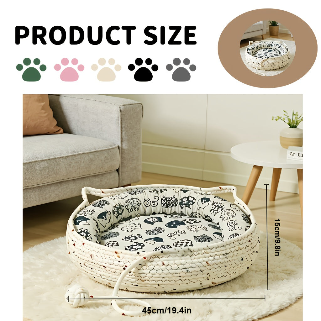 4pcs Cute Cat Ear Pet Bed Set, Suitable for Cats | All-Season Indoor Pet Nest with Comfortable Cushion + Cooling Mat + Fun Pom-Poms | Breathable Bite-Resistant Design | Multiple Sizes Available Durable Cat Furniture Bed