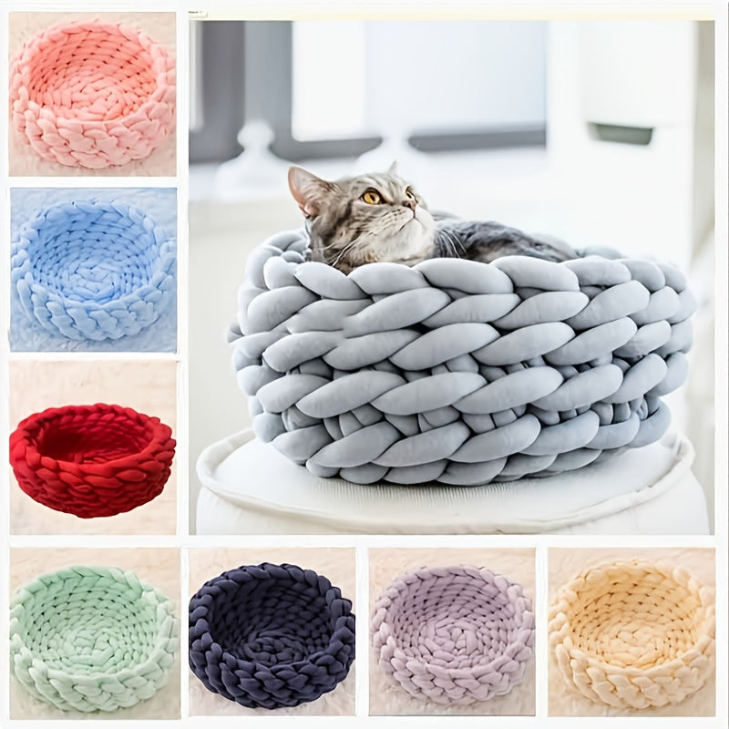 1pc Lucky Monet Cat Cave Bed, Knitted Round Pet Bed, Cute Bohemian Style Warm Woven Nest, Suitable for Puppies and Cats