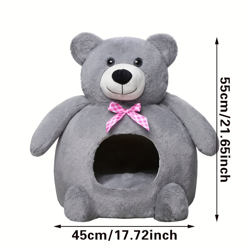 Cozy Portable Pet Bed for Cats & Small Dogs - Warm, Semi-Enclosed Nest with Cute Bear Design, Polyester, Contemporary Style