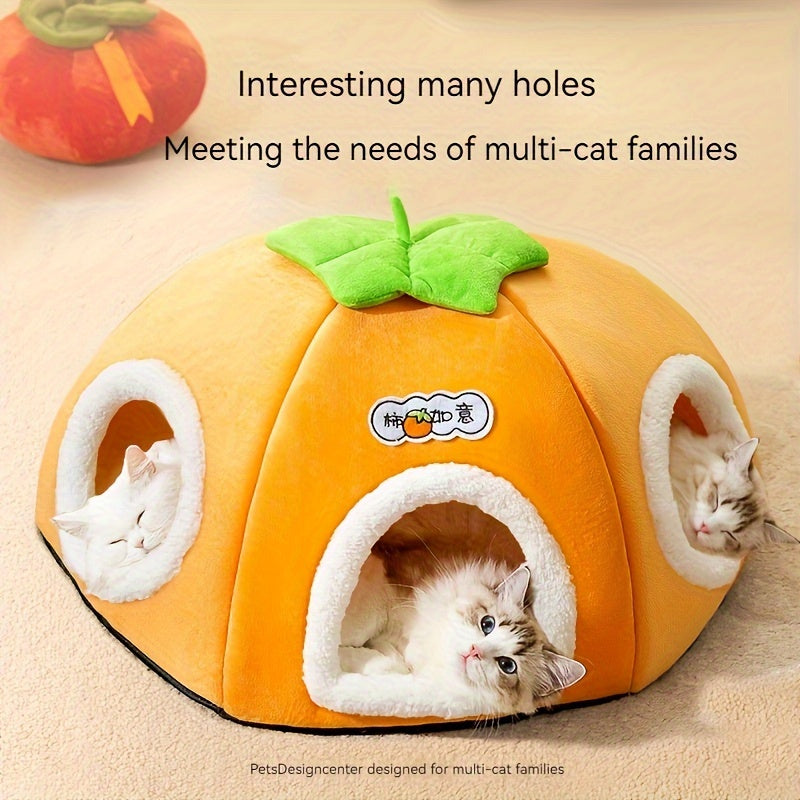 [1pc Cozy Cat Bed] 1pc Warm, Soft Plush Cozy Persimmon-Shaped Cat Bed with Multi-Hole Tunnel | Non-Slip Bottom, Orange Design with Green Leaves, Perfect for Multi-Cat Families, Cute Cat Bed