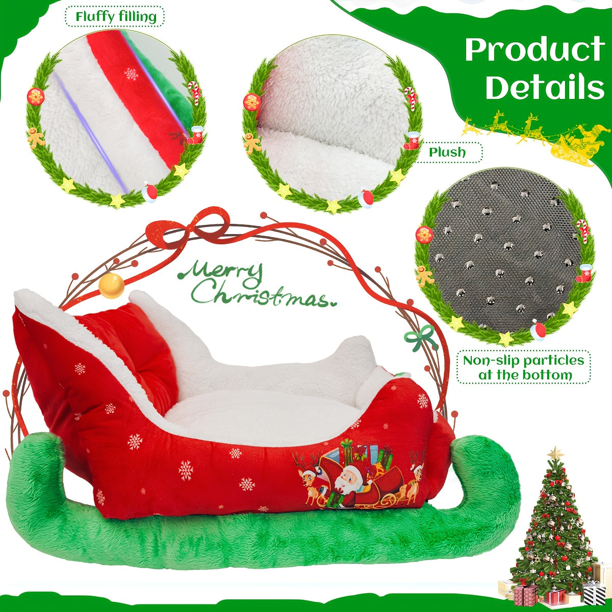 Heated Christmas Sleigh Pet Bed with Removable Washable Cover - All-Season Thickened Dog Bed with Plush Filling, Red & Green Festive Design with White Fur Trim, Sturdy Frame & Green Legs - Ideal for Large/Small/X-Small Dogs, Cat & Dog House, Cozy Winter