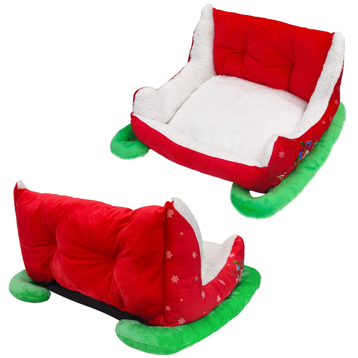 Heated Christmas Sleigh Pet Bed with Removable Washable Cover - All-Season Thickened Dog Bed with Plush Filling, Red & Green Festive Design with White Fur Trim, Sturdy Frame & Green Legs - Ideal for Large/Small/X-Small Dogs, Cat & Dog House, Cozy Winter