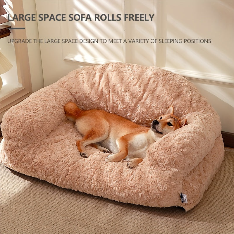 Orthopedic Dog Bed Sofa - Plush Faux Fur Winter Warmth, Non-Slip Bottom & Easy Assembly, Stain & Scratch-Resistant Square Pet Bed for All-Season Use - Khaki, Fits Medium/Large/Small Breeds