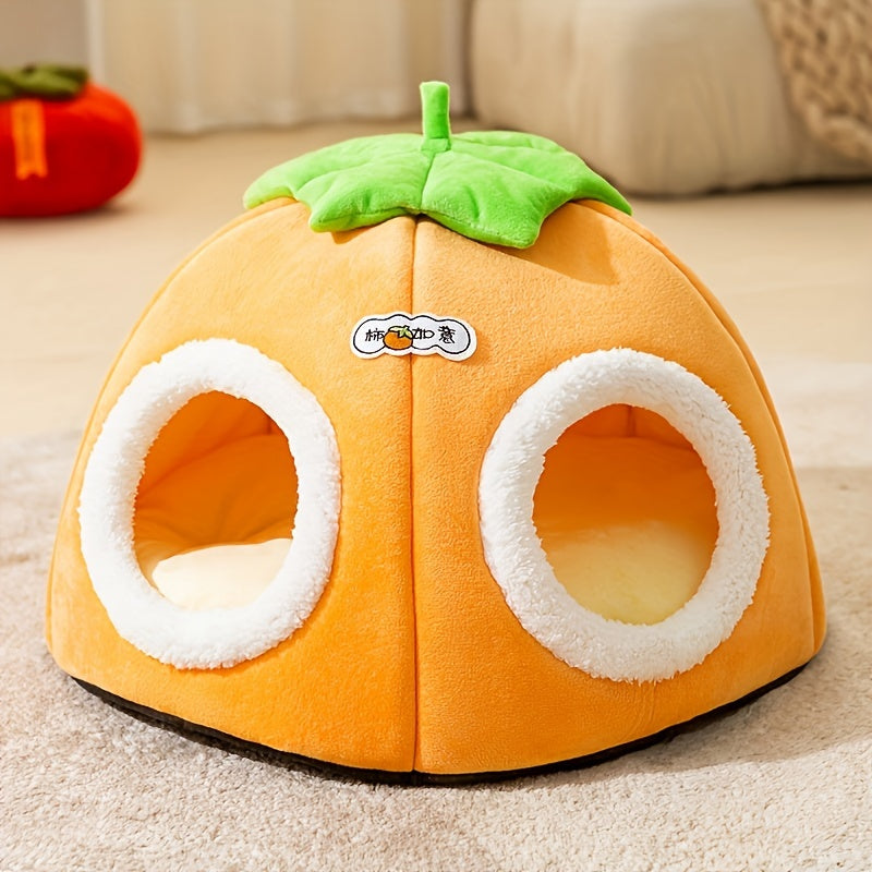 [1pc Cozy Cat Bed] 1pc Warm, Soft Plush Cozy Persimmon-Shaped Cat Bed with Multi-Hole Tunnel | Non-Slip Bottom, Orange Design with Green Leaves, Perfect for Multi-Cat Families, Cute Cat Bed