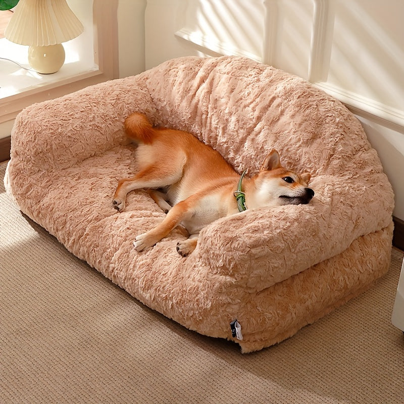 Orthopedic Dog Bed Sofa - Plush Faux Fur Winter Warmth, Non-Slip Bottom & Easy Assembly, Stain & Scratch-Resistant Square Pet Bed for All-Season Use - Khaki, Fits Medium/Large/Small Breeds