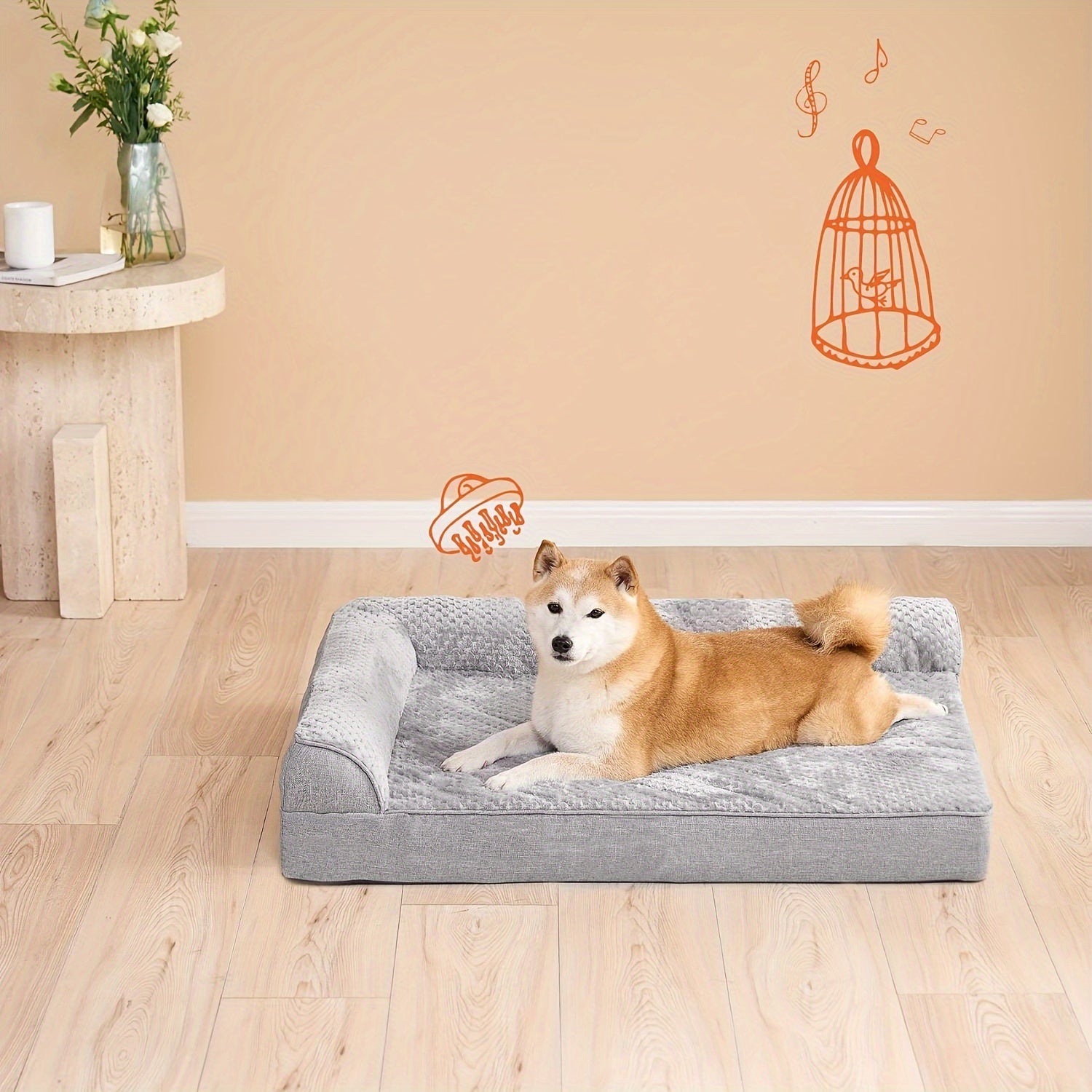 Orthopedic Dog Bed for Winter Warmth - Plush Gray Polyester Pet Bed with Ergonomic Support, Durable Rectangular Design for Medium, Large, Small & Extra-Small Breeds, Pet Winter Bed, Plush Pet Sofa, Ergonomic Pet Sofa
