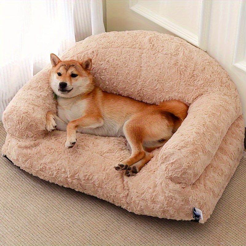 Orthopedic Dog Bed Sofa - Plush Faux Fur Winter Warmth, Non-Slip Bottom & Easy Assembly, Stain & Scratch-Resistant Square Pet Bed for All-Season Use - Khaki, Fits Medium/Large/Small Breeds