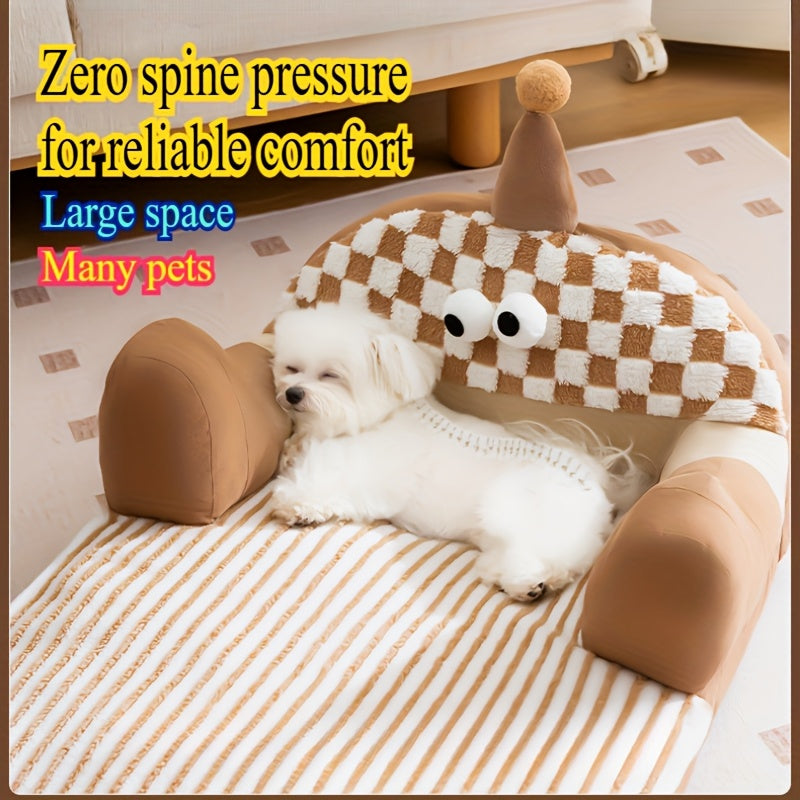 Cozy Big-Eyed Monster Pet Sofa Bed for Small to Medium Dogs and Cats – Soft, Warm, All-Season Plush Nest with Checkered Pattern and Adorable Eyes Design, Beige/Brown Polyester Fabric, Pet Sleeping Sofa | Playful Design | Plush Fabric Bed