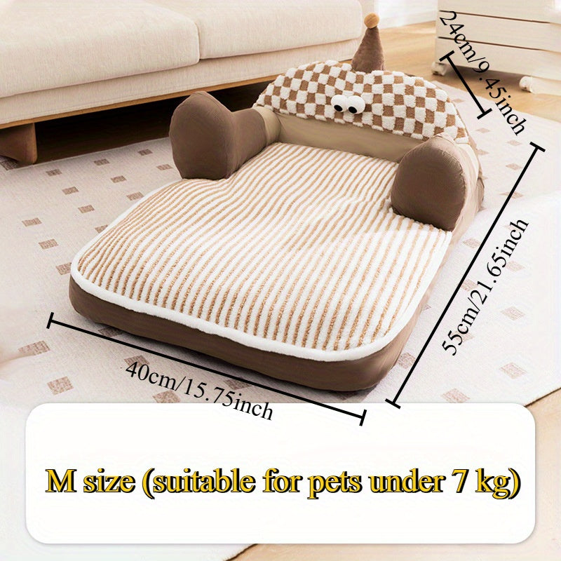 Cozy Big-Eyed Monster Pet Sofa Bed for Small to Medium Dogs and Cats – Soft, Warm, All-Season Plush Nest with Checkered Pattern and Adorable Eyes Design, Beige/Brown Polyester Fabric, Pet Sleeping Sofa | Playful Design | Plush Fabric Bed